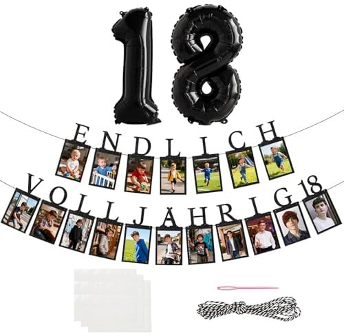 18. Geburtstag Foto Banner Deko Fotogirlande inkl 18 Glitzerkarten für Fotos von 1 bis 18 Jahre Luftballons mit 18 Jahre alten Zahlen Party Deko ENDLICH VOLLJÄHRIG 18 für Junge Mädchen (Schwarz)