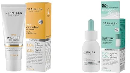 Jean & Len Gesichtspflege Bundle: Essential Day Cream LSF 30 mit pflanzlichem Kollagen, parfümfrei, 50 ml + Hydrating Booster Serum 24h Feuchtigkeit, parfümfrei, 30 ml, vegan