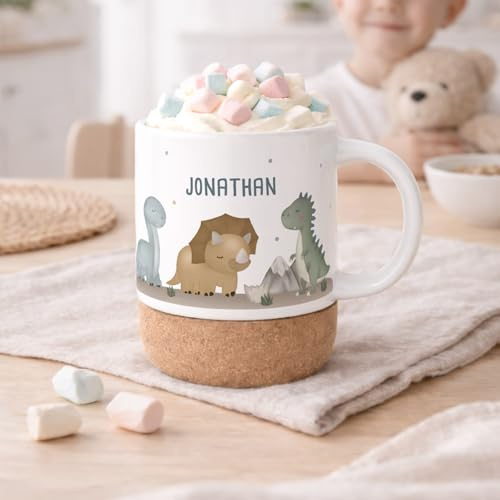 hellomini Personalisierte Tasse mit Korkboden für Kinder, Kindertasse mit Wunschdruck, Kinderbecher mit Namen, Geschenk zum Geburtstag, (Dinowelt)