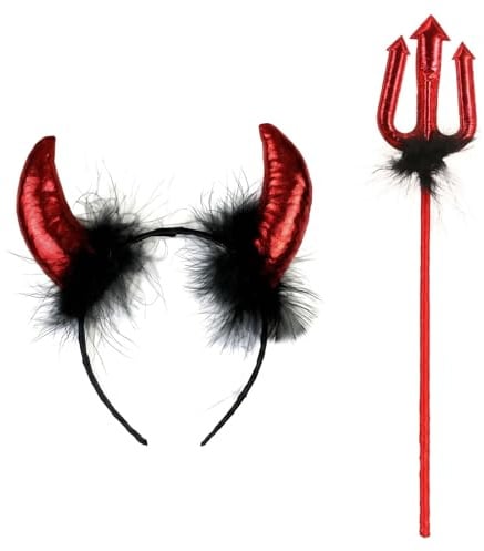 OPVYAEU Set 2 Pezzi Birthday Girl Diavolo Devil Headband Birthday Crown Corna Cerchietti Bambina Cerchietto Diavolo Frontino Donna Cerchiello Rosso Passata Festa Carnevale Travestimento Forcone