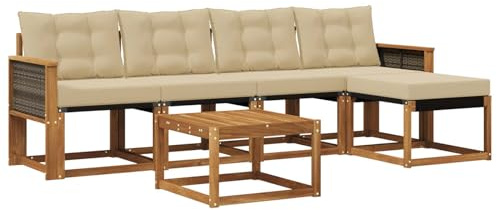 vidaXL Outdoor-Sofagarnitur mit Kissen 6 pcs Natur und Beige, Gartenmöbel, modernes Outdoor-Sofa, modulare Sitzgruppe für Terrasse und Lounge, langlebig und bequem