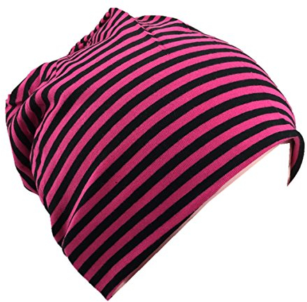 MioboBaby Kinder Jersey Slouch Beanie Long Mütze mit Streifen Unisex Baumwolle Trend, Magenta/Schwarz, 43-47cm Kopfumfang