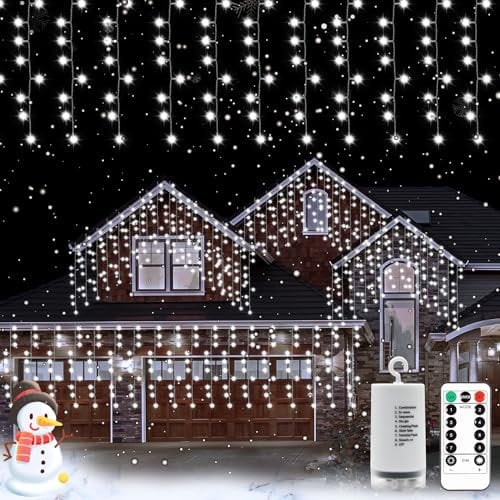 Christmas Icicle Lights Battery Operated White String Outdoor with Remote,Timer,Dimmable 8 Modes,Waterproof, 4x1m 200 LED Curtain Fairy Window Light for Eave Bedroom Window Wedding Garden House Decor