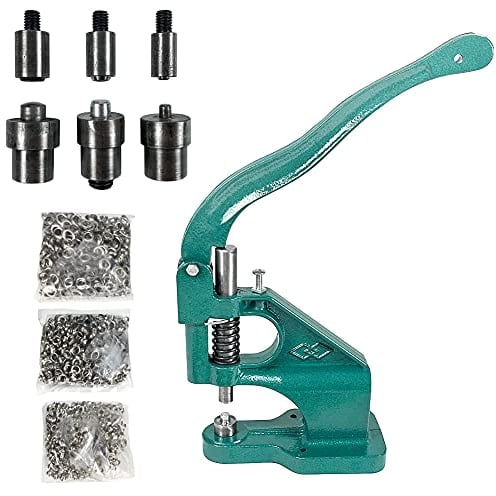 QWORK® Occhiellatrice con 3 Matrici e 1500 Occhielli (6/10/12mm) per Striscioni/Insegne/Tende da Sole/Poster/Tende, Grommet Eyelet Punch Kit
