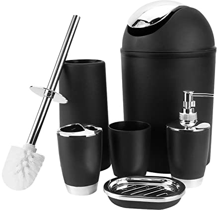 Badezimmer Set Bambus 6-teilig Schwarz Umweltfreundlich | Bad Zubehörset, Bambusholz, für Waschtisch, Lotionspender, Mülleimer, Zahnbürstenhalter, Zahnputzbecher