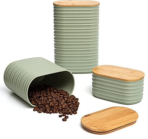 Mixpresso 3 Piece Set Of Airtight Plastic Canister With Bamboo Lid, Canisters For Kitchen Counter, Coffee And Sugar Canister Set, Decorative Sugar Container, Kitchen Decor For Counter