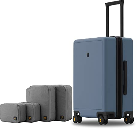 LEVEL8 Koffer Trolley Handgepäck mit Organizer Set 4-teilig, Leicht 100% PC TSA Zahlenschloss 8 Spinner Rollen Hartschalen Reisekoffer Rollkoffer Elegance Matte Design 20 Zoll (54,5CM,40L,Blau Grau)