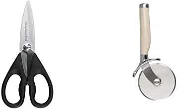 KitchenAid Multi-Purpose Scissors, Easy Grip Stainless Steel Kitchen Shears – Black & Stainless Steel Pizza Cutter - Almond Cream