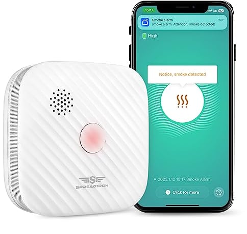 Spreadtron Détecteur de Fumée Wi-FI avec Pile Remplaçable, Alarme Incendie Intelligent avec Fonction d'Autocontrôle, Compatible avec TuyaSmart et Smart Life app, Lot de 1
