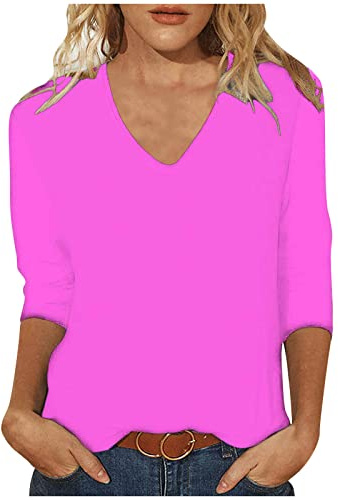 Damen Pullover 3/4-Ärmeln Einfarbige Oberteile Lose 3/4 Arm Blusen & Tuniken Frau Longbluse Basic Mode Motiv Bluse V-Ausschnitt Freizeit Blusen Tie-Dye Muster Warmes Tee T-Shirt Bekleidung