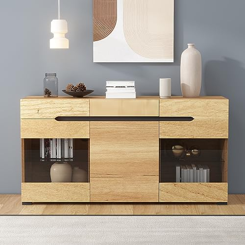 Merax Sideboard mit LED, Modern Beistellschrank Kommode mit 3 Türen und 3 Schubladen, Lagerschrank Anrichte mit Viel Stauraum, für Esszimmer Wohnzimmer Küche, Landhausstil, Eiche, 140 x 80 x 35 cm
