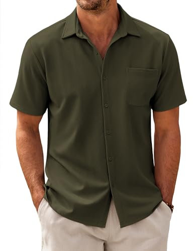 COOFANDY Men's Short Sleeve Textured Shirt Stretch Regular Fit Herringbone Summer Shirts with Pocket Casual Summer Button Down Tops Dark Army Green XXL