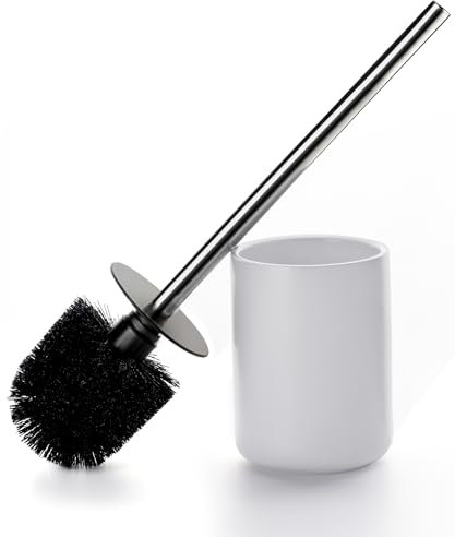Ceramic Toilet Brush & Holder Set - Freestanding Deep-Cleaning Toilet Bowl Cleaner Brush, Stainless Steel Handle, Small & Sturdy for Storage, Easy to Clean, Non-Scratching