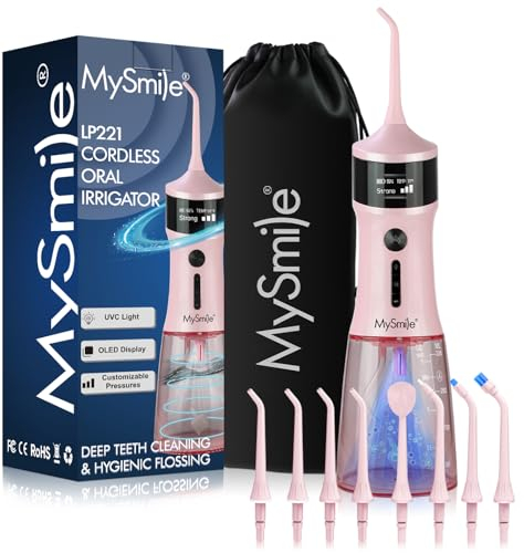 MySmile LP221 UVC Sterilisierbare schnurlose Wasserflosser für die Zähne, 335 ml, tragbares OLED-Display, Zahnseide mit 4 Modi, 8 Düsenspitzen und einer Aufbewahrungstasche für Zuhause und Reisen