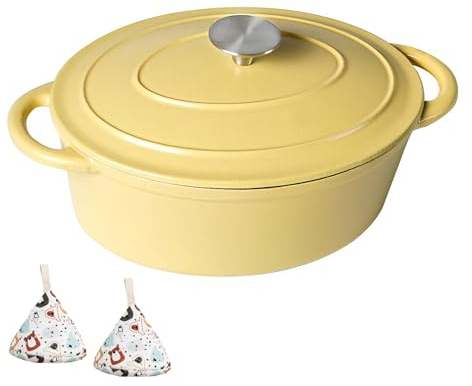 DYHQQ Enameled Oval Dutch Oven Pot 4 Qt Cast Iron Dutch Oven 3L Non-Stick Enamel Coated Cookware with Lid And Dual Handles for Braising Broiling Cooking Bread Baking,Yellow