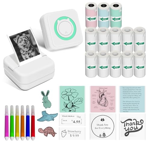 Aptika Mini impresora, máquina portátil de calcomanías con 14 rollos de papel térmico adhesivo, máquina de etiquetado sin tinta para estudio, anatomía, gráficos, fotos, dirección, color verde