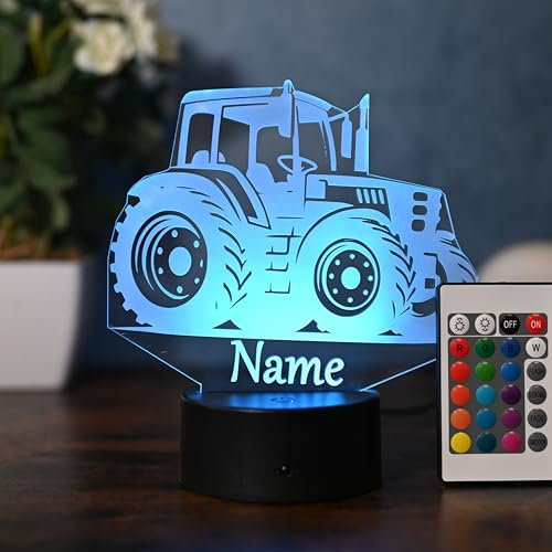 Optechvisual Personalisierbare LED Traktor Lampe – Geschenk für Traktorfahrer & Fans – Nachtlicht mit Namen – Traktor Deko für Zuhause und Büro