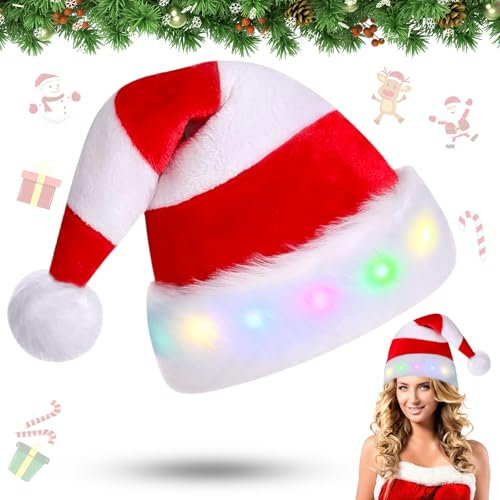 JOKILY Weihnachtsmütze, LED Plüsche Weihnachtsmann Mütze, Plüsch Nikolausmütze mit Doppeltem Samt, Nikolausmütze Rot, Weihnachtszubehör für Weihnachts Weihnachtsfeiern Geschenk für Frauen, Männer (B)