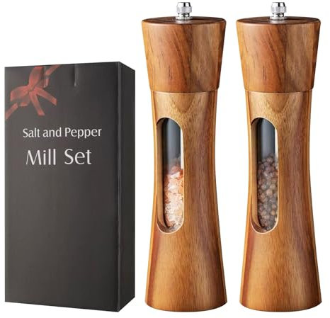 Ghazpmuk 2 Piezas Molinillo de Pimienta, Molinillo de Especias de Madera, Molinillo de Sal y Pimienta con Ventana Acrílica Transparente, Molinillo de Sal de Cerámica Ajustable, para Varias Especias