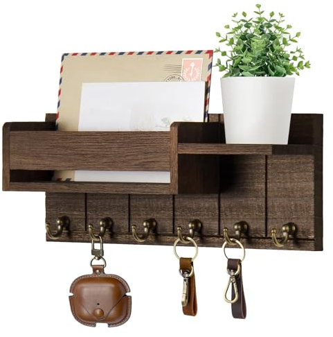 Geoyien Porte Clef Mural, Porte clé Mural, Porte Clef Mural Bois, Rangement Clef Mural, Boite a clefs Murale avec 5 mousquetons pour entrée, Salon, Couloir, Chambre (Marron)