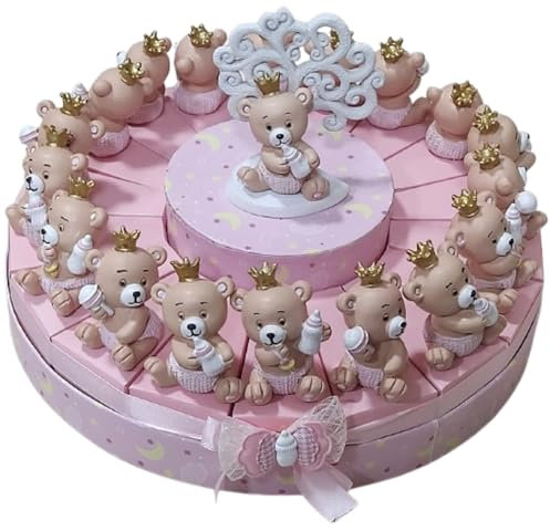 PuntoCasaStore Maxi Torta Nascita Rosa con vano Centrale Albero della Vita Orsetto Corona d.30 cm con 18 scatoline Orsetti Ass. bomboniere portaconfetti Battesimo