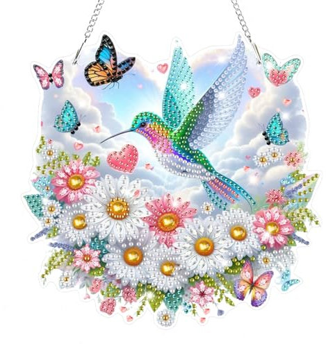 Lxmsja 5D Diamond Painting Anhänger Vogel, Blume Diamond Painting Kinder Erwachsene, Hängende Ornament Bastelset Kreativ Set für Erwachsene Geschenk Mädchen 7 8 9 10 11 Jahre, Kranz Tür Fenster Deko