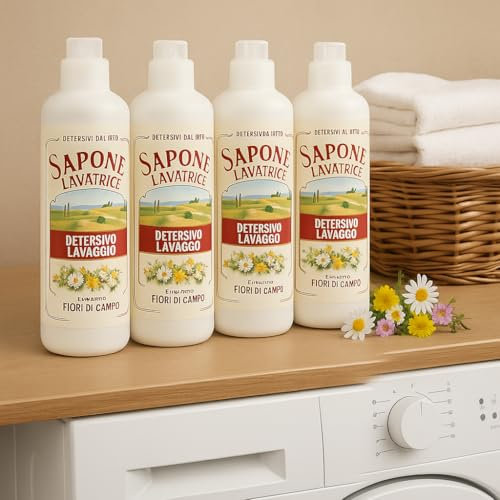 Sapone di Toscana Detersivo Lavatrice 1L – Profumo Intenso o Fiori di Campo – 1 o 4 Pezzi – 40 Lavaggi per Flacone – Made in Italy (4 Pezzi – Fiori di Campo)