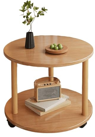 JinZao Beistelltisch Couch Mit Rollen, Couchtisch Rund Klein, Nachttisch Aus Holz, Mit Doppelschichtiger Holzplatte, Für Schlafzimmer Und Wohnzimmer, Braun, Weiß(B,50X50X48CM)