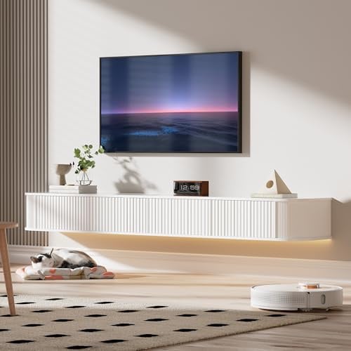 PURFINO Floating TV Stand Unit with RGB LED Light - 180CM Wall Mounted TV Cabinet with Upgraded Storage & Rounded Edges, Modern TV Media Console for 65-75 Inch TVs