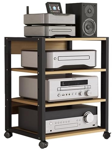 Wzmazingly 4-stufiger AV-Medienständer, HiFi Rack Audio Regal Mit Verstellbaren Einlegeböden, Stereoschrank Mit Rollen, Audiokomponenten-Rack Für Zuhause/Büro/Kino(Black+Beige)
