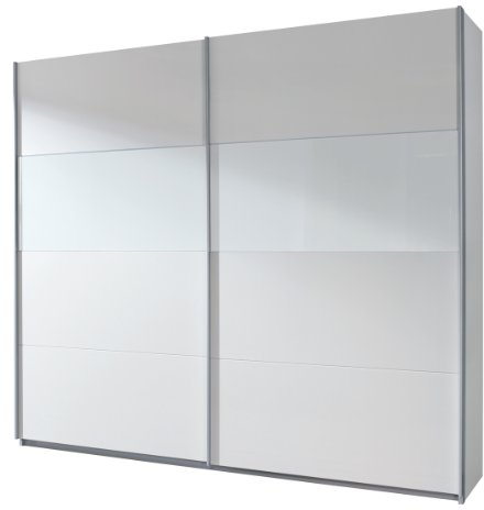 Rauch Möbel Quadra Kleiderschrank, Schwebetürenschrank, 2-türig, inkl. Zubehörpaket Basic 2 Einlegeböden 2 Kleiderstangen, Farbe Alpinweiß/Glas weiß, BxHxT 136x210x62cm