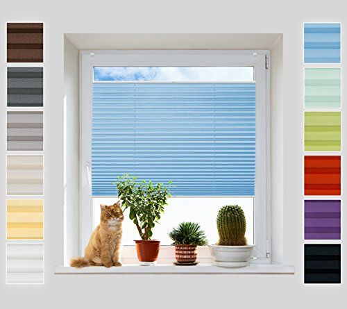 Plissee Rollo ohne Bohren - Jalousie mit easyfix Metall Klemmträger | SUPER Pearl Stoffkollektion | Leicht zu montieren | Faltrollo Sichtschutz, Sonnenschutz, Fenster - [Lichtblau, B: 45cm, H: 220cm]