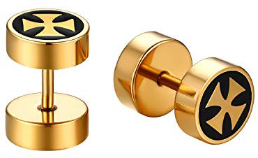 JewelryWe Schmuck Fake Plug Ohrstecker Edelstahl Eisernes Kreuz EK Fakeplug Tunnel Ohrringe Ohr-Piercing für Herren Damen Gold