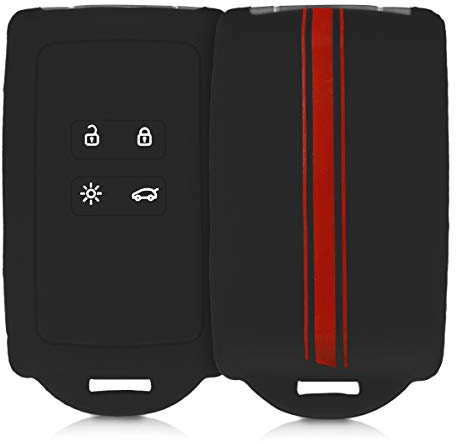 kwmobile Autoschlüssel Hülle kompatibel mit Renault 4-Tasten Smartkey Autoschlüssel (nur Keyless Go) - Silikon Schutzhülle Schlüsselhülle Cover Rallystreifen Sidelines Rot Schwarz