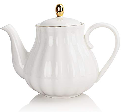 Sweejar Home Königliche Teekanne, Keramik-Teekanne mit abnehmbarem Edelstahl-Aufguss, Blühende & Loseblatt-Teekanne - 795 ML(Weiß)