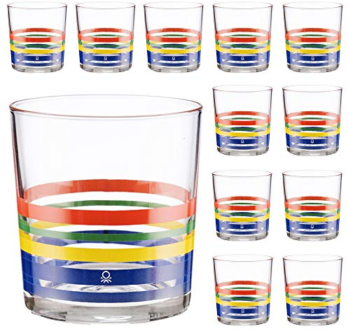 United Colors of Benetton PK2001 Set cristalería 12 Piezas de Vasos de Vidrio, Decorados, 33 cl, Cristal, Rayas Finas