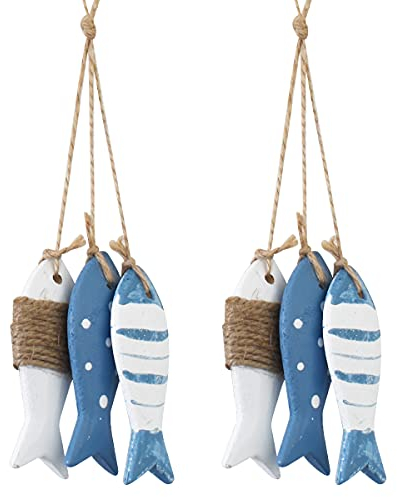 Holz Maritime Deko Fische,RoadLoo Holz Fische Anhänger Holzfische Maritime Wanddeko Hängedeko Nautische Geschenke Fisch Hänger für Taufe Kommunion Konfirmation und Badezimmer Dekoration (2)