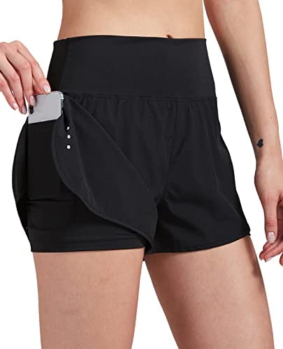 VIGVAN 2 in 1 Laufhose Damen Sport Shorts Sommer Kurze Hose Schnelltrocknend Fitness Yoga Shorts Gym Jogging Training Sporthose für Damen mit Taschen (BK, L)