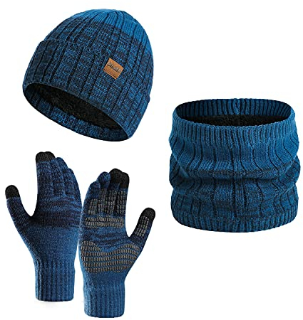 Daysskk Mütze Schal Handschuhe set Herren Warmes Set Wintermütze Beanie Herren Touchscreen Handschuhe Strickmütze Herren Winter Weihnachtsgeschenke für Männer Blau