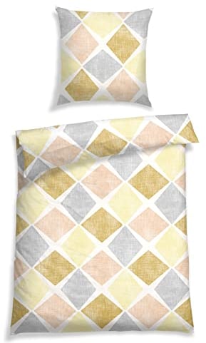 Schiesser Bettwäscheset Eileen | Renforcé | 100% Baumwolle aus nachhaltiger Produktion | 135x200cm + 80x80cm | Gelb-Grau