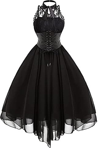 Women's Sleeveless Gothic Lace Dress 80s Fancy Dress Corset Halter Lace Swing Cocktail Black