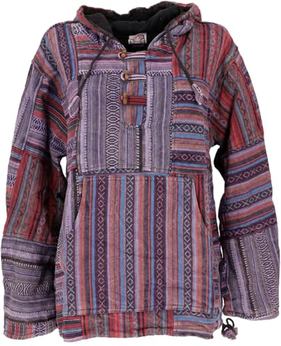 GURU SHOP Goa Kapuzenshirt, Stonewash Patchwork Baja Hoody, Baumwolle | Kapuzenpulli im Ethno-Look, natürliche Holzknöpfe, Kängurutaschen, kuschelig warmes Innenfutter, normaler Schnitt