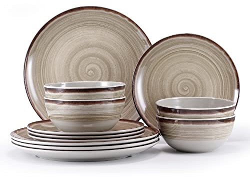 Melamin-Geschirr-Sets, Browm-Geschirr-Sets für 4, 12-teiliges Teller und Schalen-Set, Melamin-Teller, hartes Geschirr-Set, Herbst- und Winter-Speisen, spülmaschinenfest, BPA-frei (Brauen)