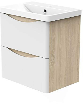 Mobiletto da bagno con lavabo sospeso a parete, 500 mm, bianco opaco, 2 cassetti con chiusura rallentata, set di mobili da bagno