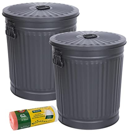 Jinfa 2er-Set Retrodesign Mülleimer mit Griffen und Deckel + 30 Müllbeutel | schwarz | 62L