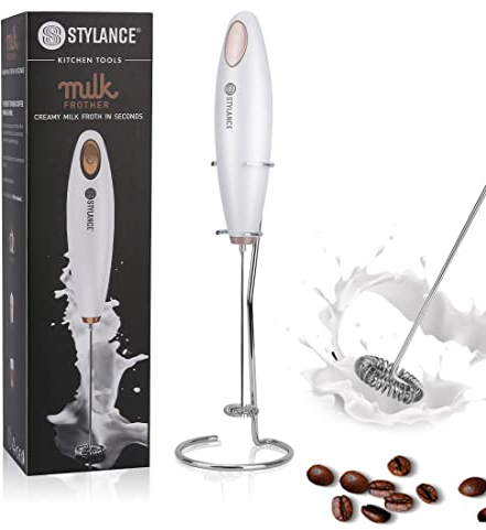 STYLANCE Batidor espumador de leche espumador capuchino para leche espumador de leche capuchino, gris, incluye soporte, sin batería (blanco)