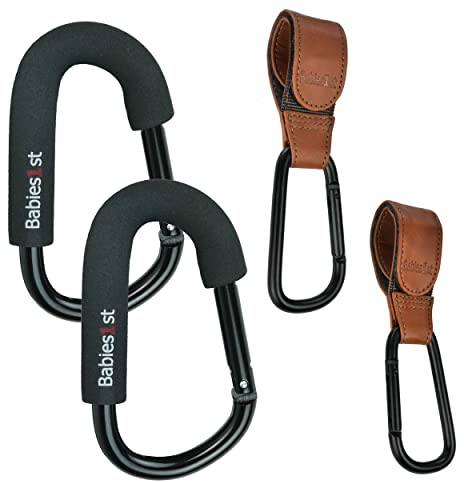 Babies1st Spar Set: Große Karabiner 14 cm (2-er Set) Black Edition und Kinderwagen Haken Kunstleder Braun 2-er Set