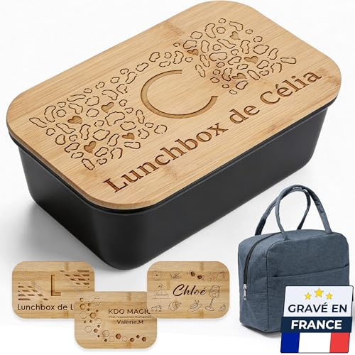 KDO MAGIC - Lunchbox personalisiert - Vorname eingraviert - Anpassbare Abdeckung - Essensbox - Schwarze oder weiße Farbe - Geschenkidee zum Muttertag, Geburtstag (Motiv: Großbuchstabe, schwarz)