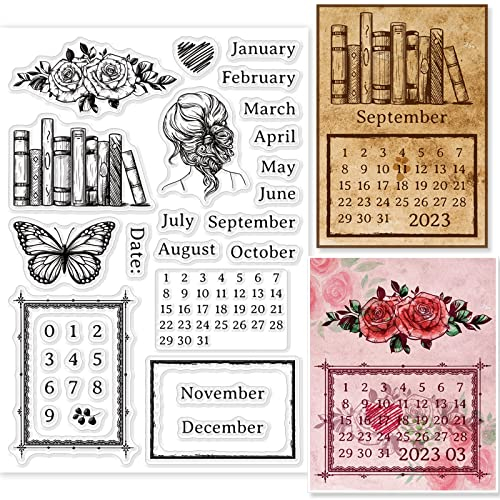GLOBLELAND Vintage-Kalender, Durchsichtige Stempel, Bücher, Vintage-Rahmen, Schmetterling, Blumen, Transparente Silikonstempel Für DIY Scrapbooking-Zubehör, Prägepapier, Karten