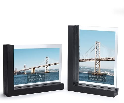 RLAVBL 2er Set Schwarze Bilderrahmen 13x18 cm, Doppelseitiger Glasbilderrahmen mit L-förmigem MDF-Sockel, für die Tischplatte